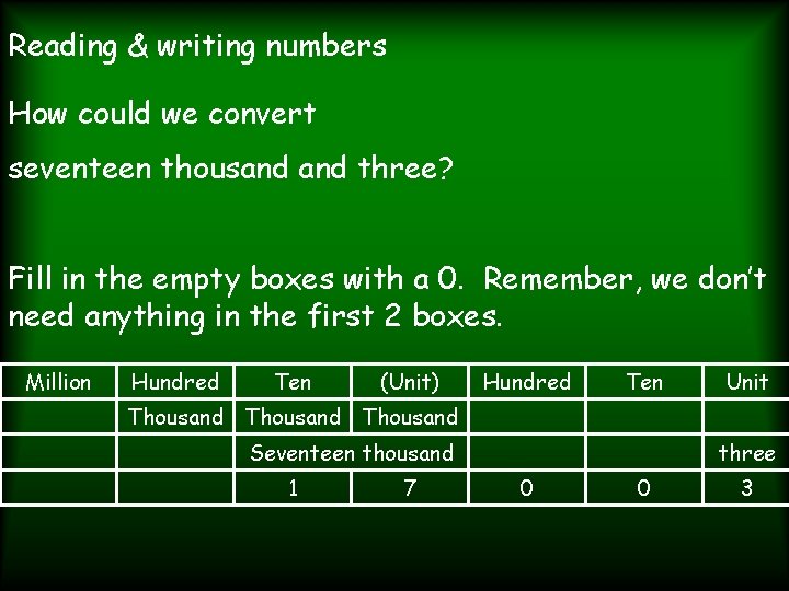 Reading & writing numbers How could we convert seventeen thousand three? Fill in the