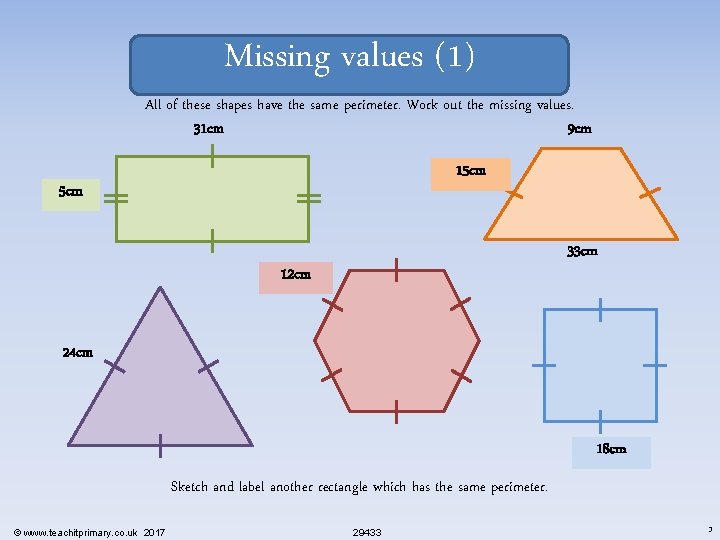 Missing values (1) All of these shapes have the same perimeter. Work out the