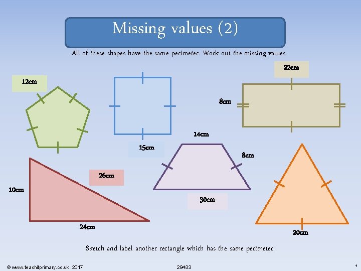 Missing values (2) All of these shapes have the same perimeter. Work out the