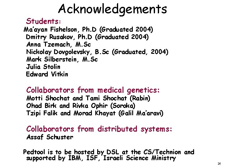 Acknowledgements Students: Ma’ayan Fishelson, Ph. D (Graduated 2004) Dmitry Rusakov, Ph. D (Graduated 2004)