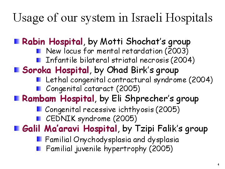 Usage of our system in Israeli Hospitals Rabin Hospital, by Motti Shochat’s group New