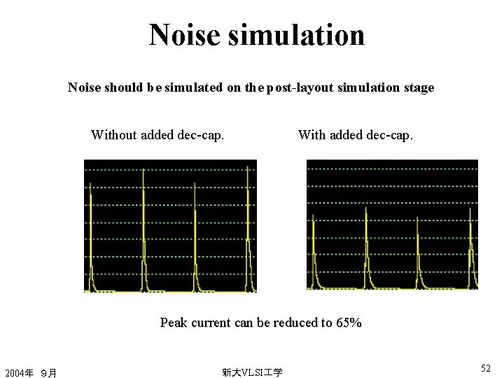 Noise simulation Noise should be simulated on the post-layout simulation stage Without added dec-cap.