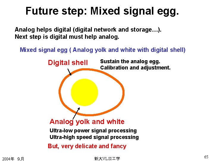 Future step: Mixed signal egg. Analog helps digital (digital network and storage…). Next step