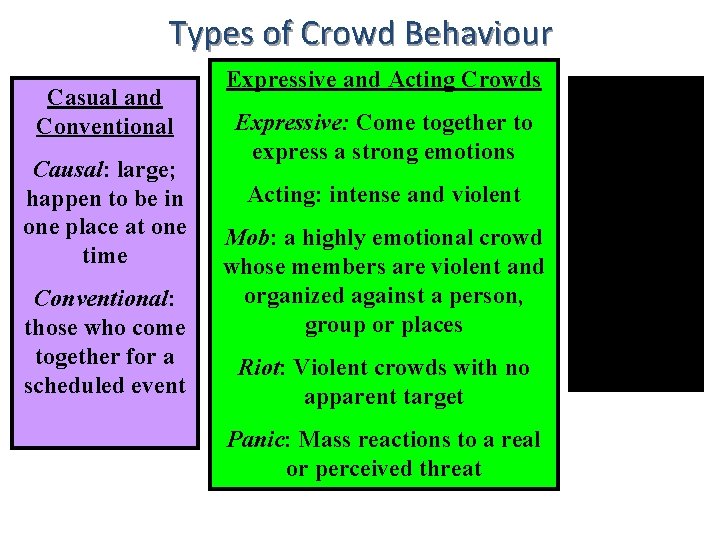 Types of Crowd Behaviour Casual and Conventional Causal: large; happen to be in one