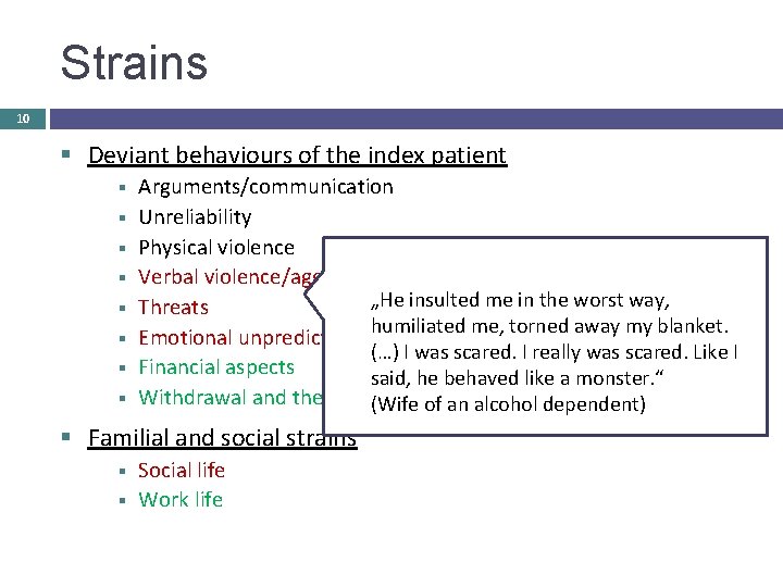 Strains 10 § Deviant behaviours of the index patient § § § § Arguments/communication