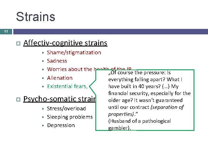 Strains 11 Affectiv-cognitive strains Shame/stigmatization § Sadness § Worries about the health of the