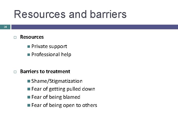 Resources and barriers 14 Resources Private support Professional help Barriers to treatment Shame/Stigmatization Fear