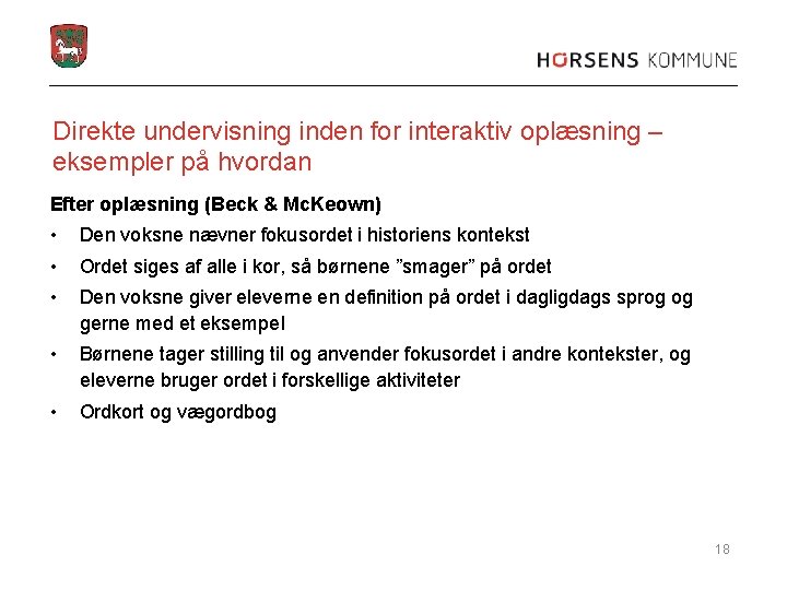 Direkte undervisning inden for interaktiv oplæsning – eksempler på hvordan Efter oplæsning (Beck &