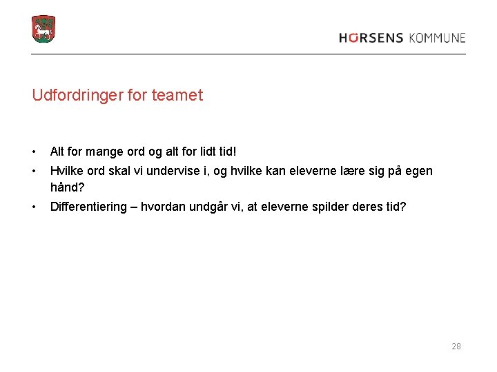 Udfordringer for teamet • Alt for mange ord og alt for lidt tid! •