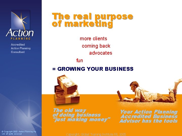 The real purpose of marketing 1. To create more _____clients _____ 2. Have themcoming