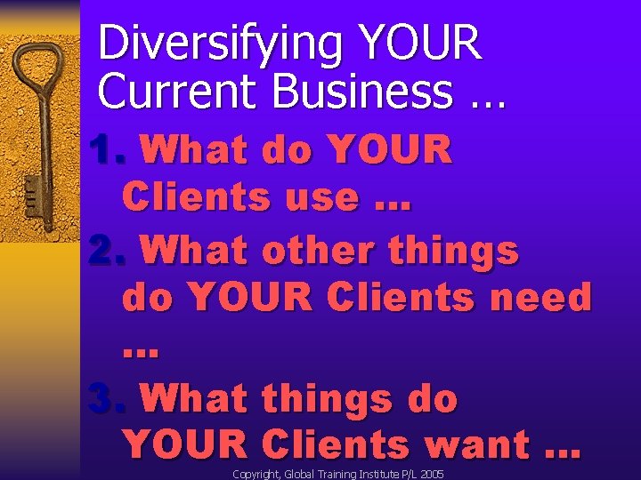 Diversifying YOUR Current Business … 1. What do YOUR Clients use … 2. What