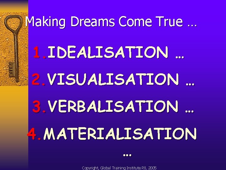 Making Dreams Come True … 1. IDEALISATION … 2. VISUALISATION … 3. VERBALISATION …
