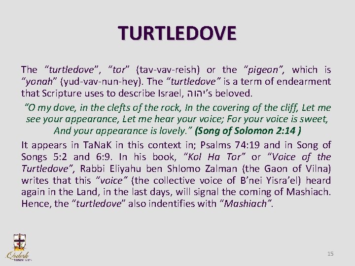 TURTLEDOVE The “turtledove”, “tor” (tav-vav-reish) or the “pigeon”, which is “yonah” (yud-vav-nun-hey). The “turtledove”