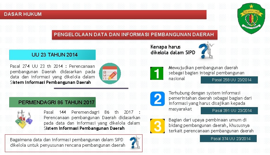 DASAR HUKUM PENGELOLAAN DATA DAN INFORMASI PEMBANGUNAN DAERAH UU 23 TAHUN 2014 Kenapa harus