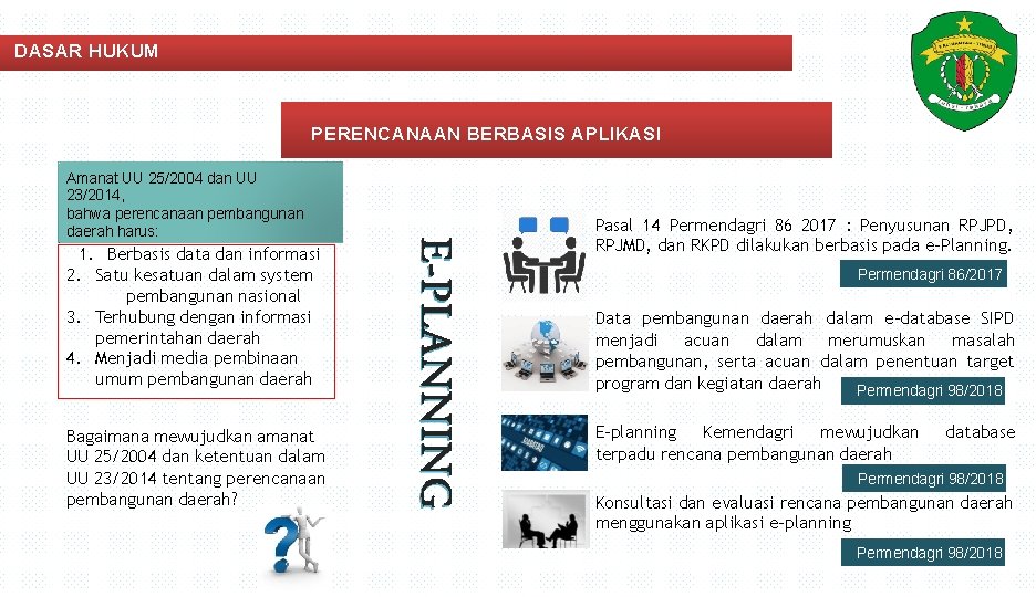 DASAR HUKUM PERENCANAAN BERBASIS APLIKASI Amanat UU 25/2004 dan UU 23/2014, bahwa perencanaan pembangunan