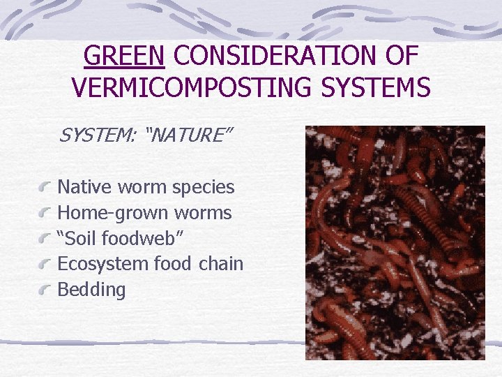 GREEN CONSIDERATION OF VERMICOMPOSTING SYSTEMS SYSTEM: “NATURE” Native worm species Home-grown worms “Soil foodweb”