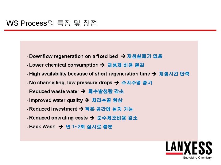 WS Process의 특징 및 장점 - Downflow regeneration on a fixed bed 재생실패가 없음