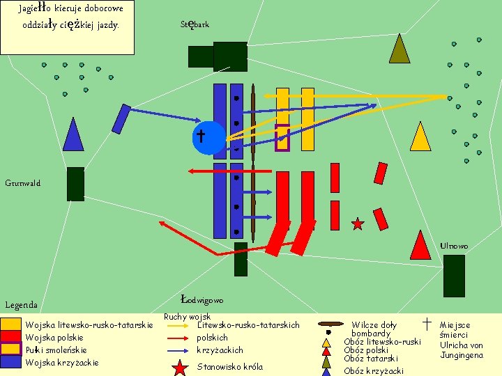 Jagiełło kieruje doborowe oddziały ciężkiej jazdy. Stębark Grunwald Ulnowo Legenda Wojska litewsko-rusko-tatarskie Wojska polskie