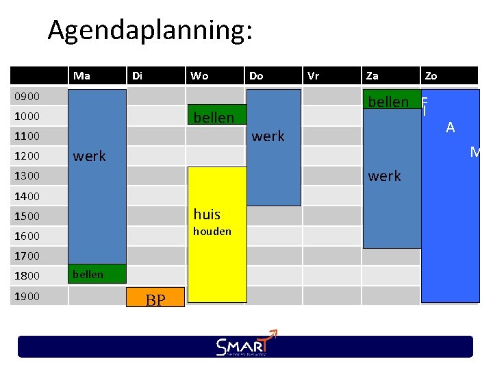 Agendaplanning: Ma Di Wo Do 0900 bellen 1000 1100 1200 werk 1400 huis 1500