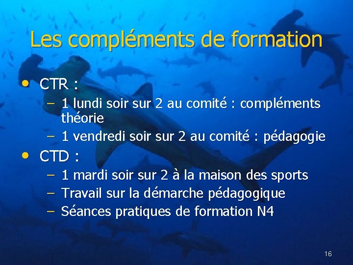 Les compléments de formation • CTR : – 1 lundi soir sur 2 au