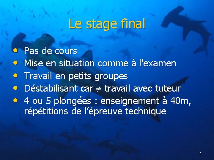 Le stage final • • • Pas de cours Mise en situation comme à