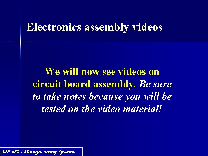 Electronics assembly videos We will now see videos on circuit board assembly. Be sure