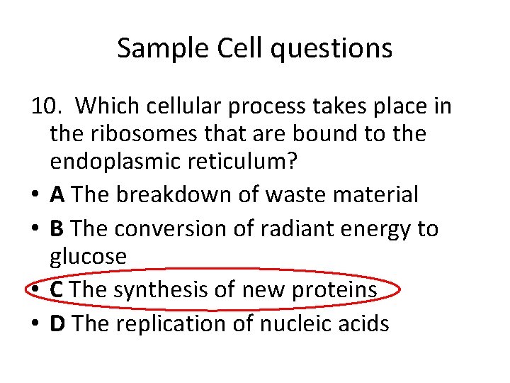 Sample Cell questions 10. Which cellular process takes place in the ribosomes that are