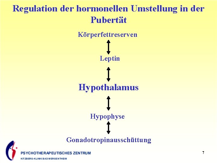 Regulation der hormonellen Umstellung in der Pubertät Körperfettreserven Leptin Hypothalamus Hypophyse Gonadotropinausschüttung 7 