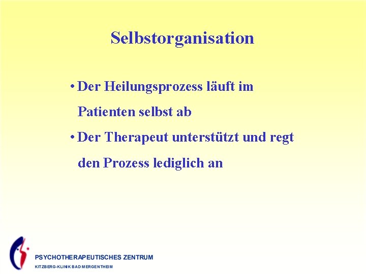 Selbstorganisation • Der Heilungsprozess läuft im Patienten selbst ab • Der Therapeut unterstützt und