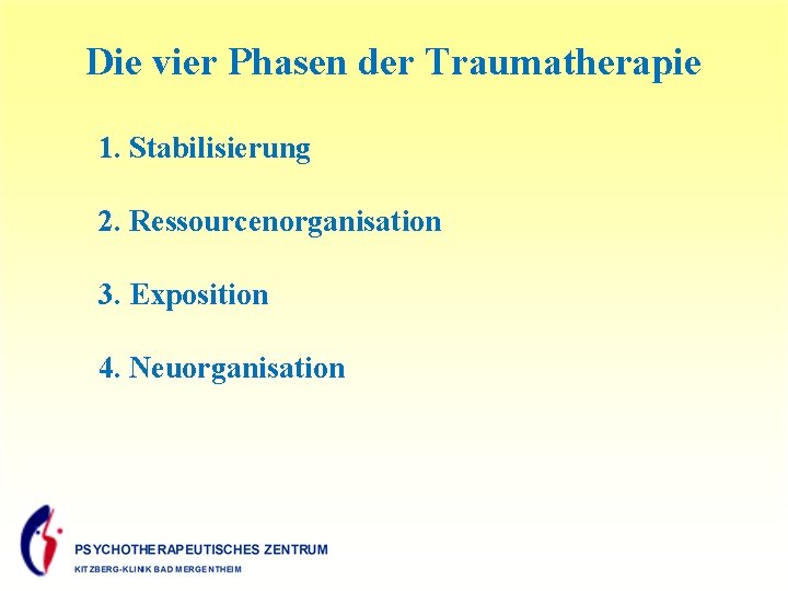 Die vier Phasen der Traumatherapie 1. Stabilisierung 2. Ressourcenorganisation 3. Exposition 4. Neuorganisation 