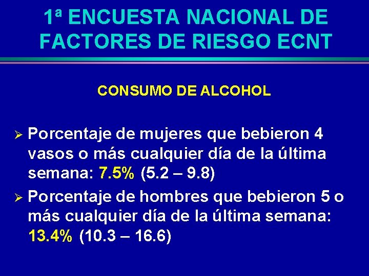 1ª ENCUESTA NACIONAL DE FACTORES DE RIESGO ECNT CONSUMO DE ALCOHOL Porcentaje de mujeres