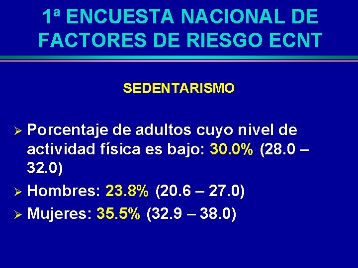 1ª ENCUESTA NACIONAL DE FACTORES DE RIESGO ECNT SEDENTARISMO Porcentaje de adultos cuyo nivel