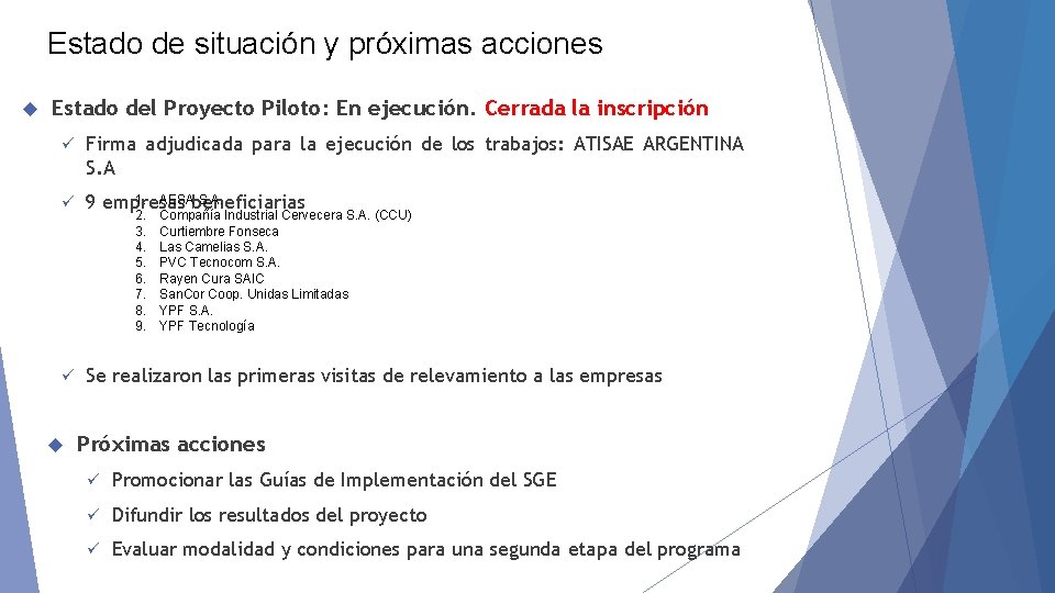 Estado de situación y próximas acciones Estado del Proyecto Piloto: En ejecución. Cerrada la