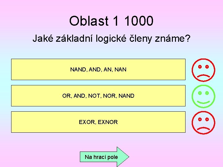 Oblast 1 1000 Jaké základní logické členy známe? NAND, AN, NAN OR, AND, NOT,