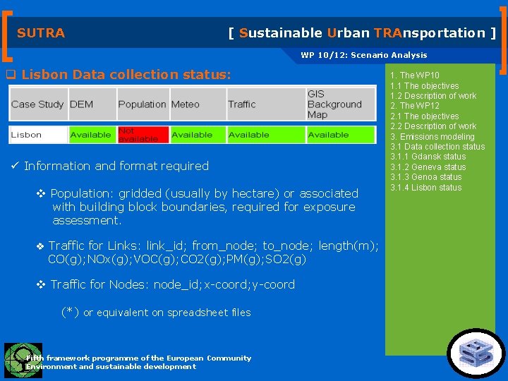 SUTRA [ Sustainable Urban TRAnsportation ] WP 10/12: Scenario Analysis q Lisbon Data collection