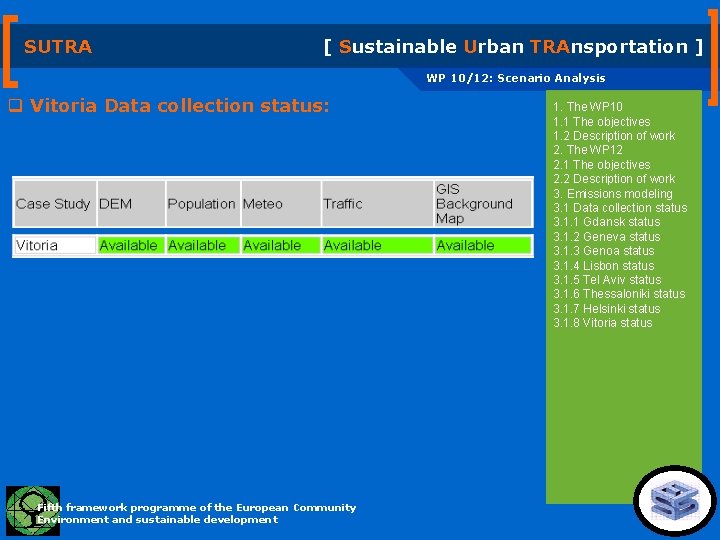 SUTRA [ Sustainable Urban TRAnsportation ] WP 10/12: Scenario Analysis q Vitoria Data collection