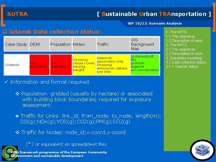 SUTRA [ Sustainable Urban TRAnsportation ] WP 10/12: Scenario Analysis q Gdansk Data collection