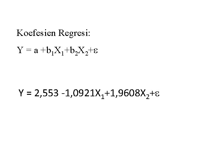 Koefesien Regresi: Y = a +b 1 X 1+b 2 X 2+ Y =