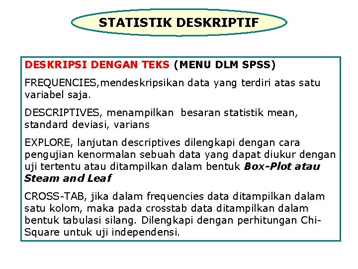 STATISTIK DESKRIPTIF DESKRIPSI DENGAN TEKS (MENU DLM SPSS) FREQUENCIES, mendeskripsikan data yang terdiri atas