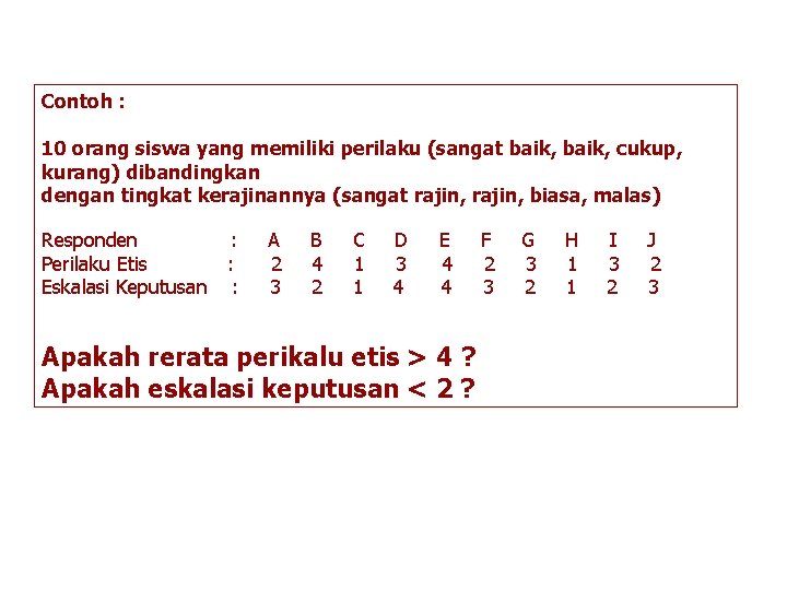 Contoh : 10 orang siswa yang memiliki perilaku (sangat baik, cukup, kurang) dibandingkan dengan