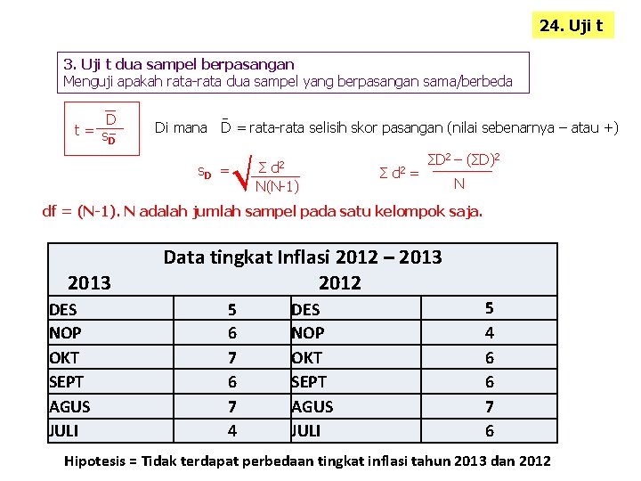 24. Uji t 3. Uji t dua sampel berpasangan Menguji apakah rata-rata dua sampel