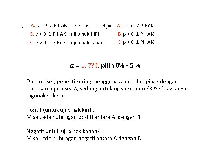 Ha = A. = 0 2 PIHAK versus Ha A. 0 2 PIHAK B.