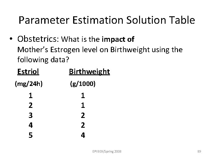 Parameter Estimation Solution Table • Obstetrics: What is the impact of Mother’s Estrogen level