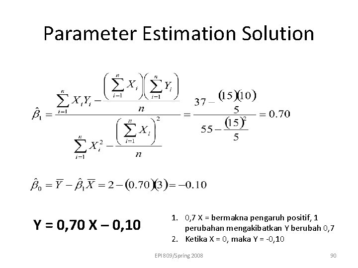 Parameter Estimation Solution Y = 0, 70 X – 0, 10 1. 0, 7