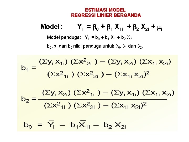 ESTIMASI MODEL REGRESSI LINIER BERGANDA Model: Yi = 0 + 1 X 1 i