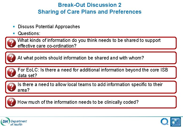 Break-Out Discussion 2 Sharing of Care Plans and Preferences § Discuss Potential Approaches §