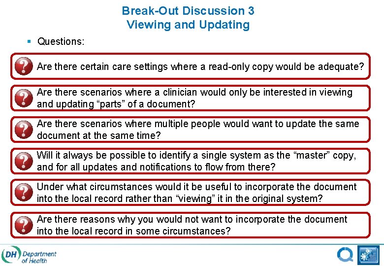 Break-Out Discussion 3 Viewing and Updating § Questions: Are there certain care settings where