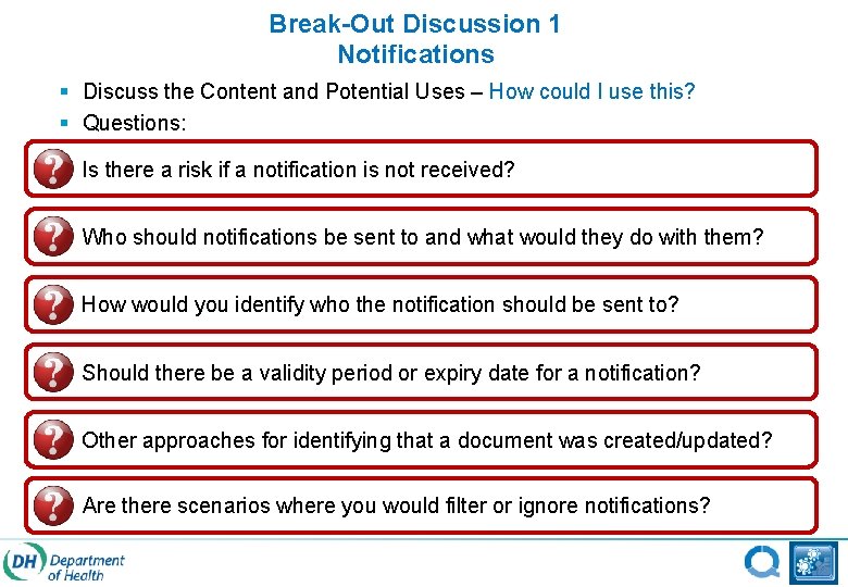 Break-Out Discussion 1 Notifications § Discuss the Content and Potential Uses – How could