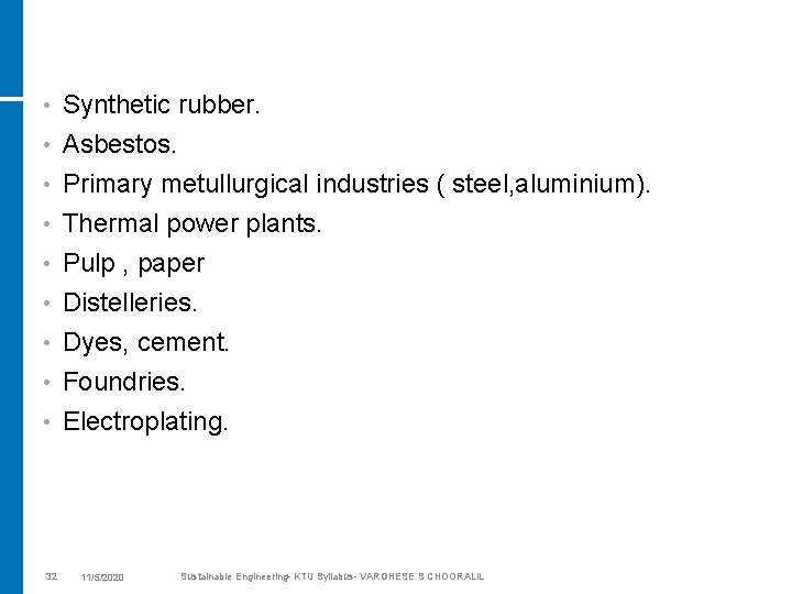  • Synthetic rubber. • Asbestos. Primary metullurgical industries ( steel, aluminium). Thermal power