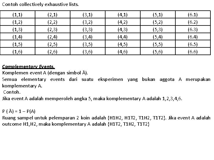 Contoh collectively exhaustive lists. (1, 1) (1, 2) (1, 3) (1, 4) (1, 5)
